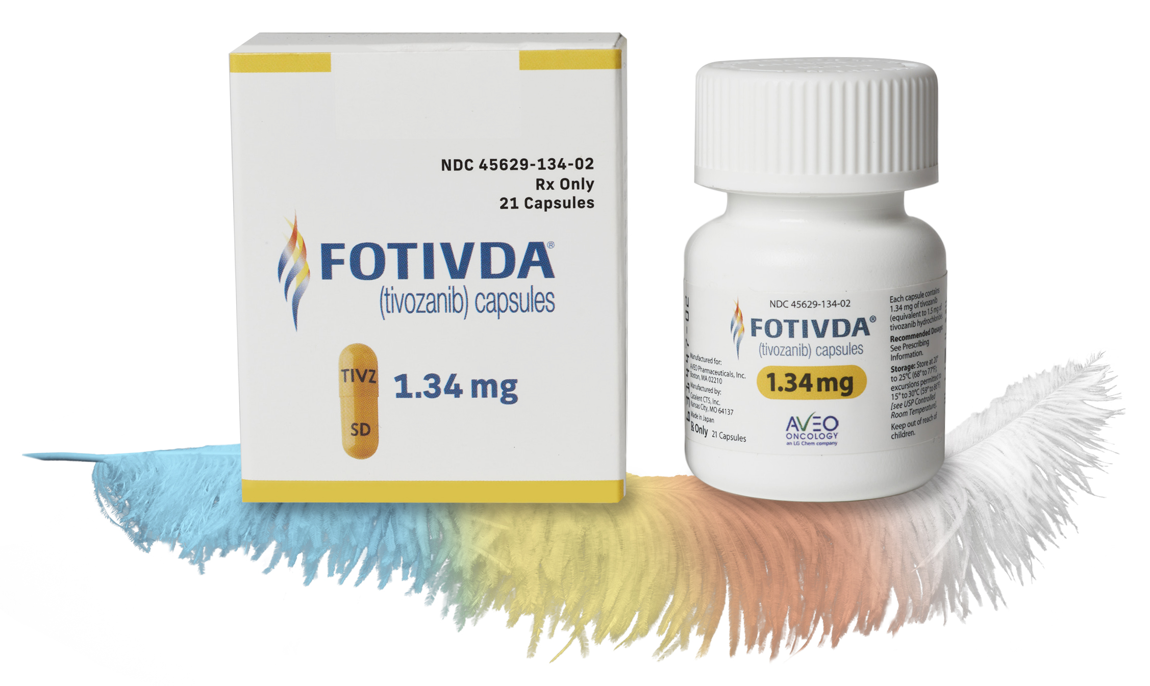 FOTIVDA® (tivozanib) 1.34 mg capsule bottle and bottle resting on feather.